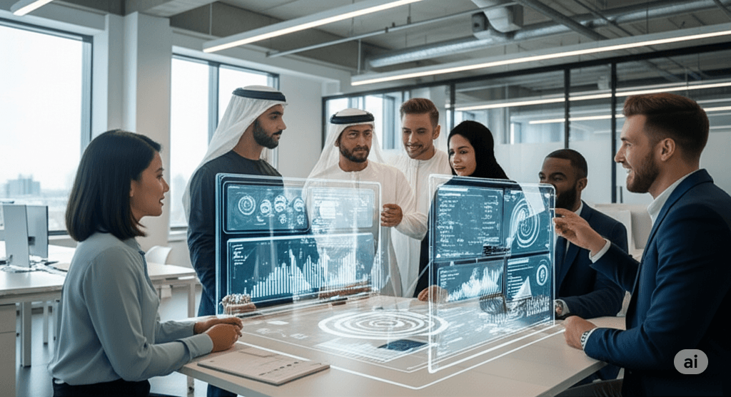 Oligo IT Solutions team in a modern office discussing technology